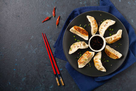 Original Japanese dumplings Gyoza with chicken and vegetables. Top view. Flat lay. Dark blue backgrund.の写真素材