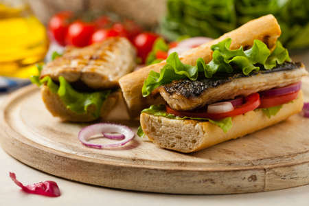Traditional Turkish sandwich with a scorched mackerelの写真素材