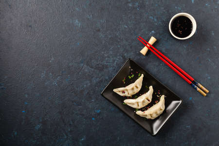 Original Japanese dumplings Gyoza with chicken and vegetables. Top view. Flat lay. Dark blue backgrund.の写真素材