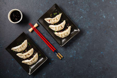 Original Japanese dumplings Gyoza with chicken and vegetables. Top view. Flat lay. Dark blue backgrund.の写真素材