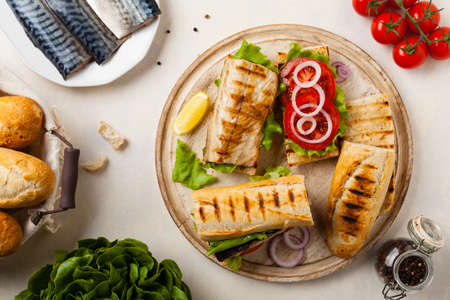 Traditional Turkish sandwich with a scorched mackerelの写真素材
