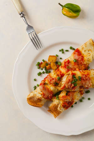 Baked pancakes with chicken in tomato sauce. Top view.の写真素材