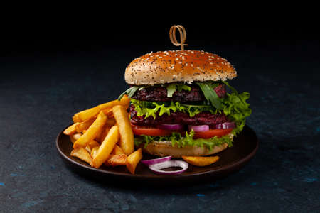 Vegetarian burger. Dark mood. Black background.の写真素材