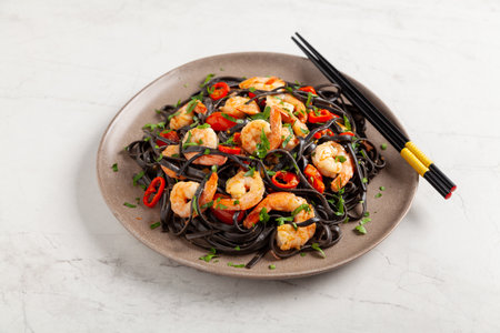 Black pasta with roasted prawns. Served on a plate. Stone background. Chopsticks or fork.の写真素材