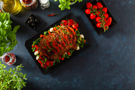 Whole roasted, stuffed with tomatoes and olives, pork neck. Dark background, dark mood.の写真素材