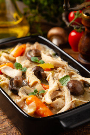 Traditional chicken stew with mushrooms and vegetables. Chicken casserole. Served in black pots.の写真素材