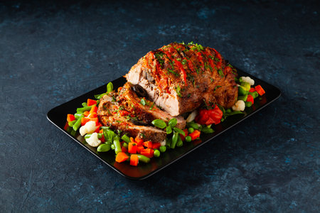 Whole roasted, stuffed with tomatoes and olives, pork neck. Dark background, dark mood.の写真素材