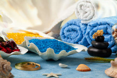 SPA accessories. Bath salts in sea shells.の写真素材