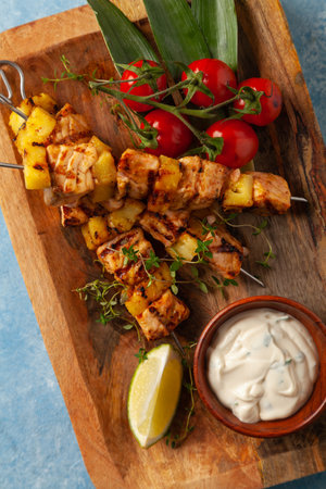Grilled shashlik with salmon and pineapple. Served with yoghurt sauce. Blue painted background.の写真素材