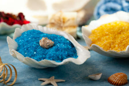 SPA accessories. Bath salts in sea shells.の写真素材