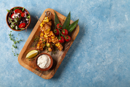 Grilled shashlik with salmon and pineapple. Served with yoghurt sauce. Blue painted background.の写真素材