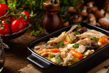 Traditional chicken stew with mushrooms and vegetables. Chicken casserole. Served in black pots.の写真素材