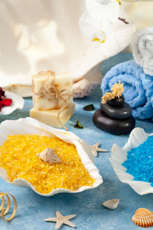 SPA accessories. Bath salts in sea shells.の写真素材
