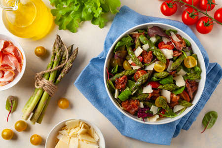 Salad with asparagus and bacon. Top view.の写真素材
