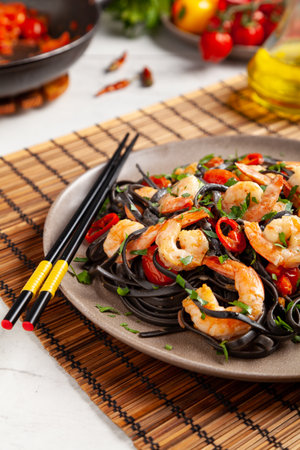 Black pasta with roasted prawns. Served on a plate. Stone background. Chopsticks or fork.の写真素材