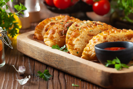 Traditional cheebureki, served on a wooden plate with sauce. Decorated with parsley.の写真素材