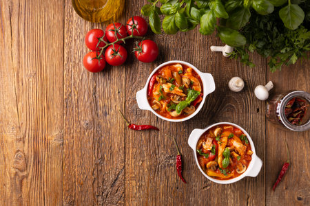 Chicken stew with peppers, mushrooms and tomatoes. Wooden background.の写真素材