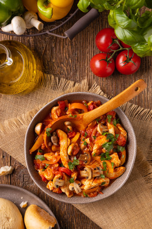 Chicken stew with peppers, mushrooms and tomatoes. Wooden background.の写真素材