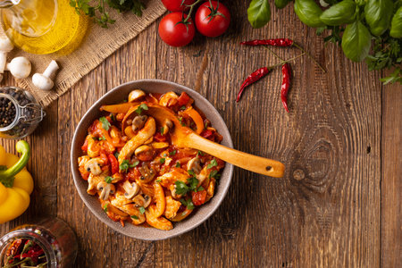 Chicken stew with peppers, mushrooms and tomatoes. Wooden background.の写真素材