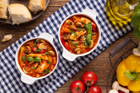 Chicken stew with peppers, mushrooms and tomatoes. Wooden background.の写真素材