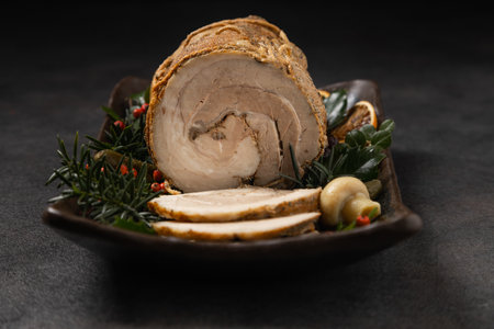 Whole cooked bacon roulade. Tied with a string. Served with cranberries, mushrooms or pickled cucumbers. Dark background.の写真素材