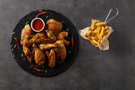 Mix of baked chicken pieces. Served with hot sauce or fries. Dark background.の写真素材