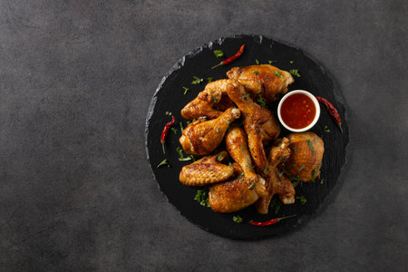 Mix of baked chicken pieces. Served with hot sauce or fries. Dark background.の写真素材