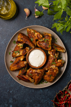 Baked chicken wings. Served with sauce or fries. Dark background.の写真素材