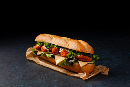Chicken sandwich in breadcrumbs. A long roll. Dark mood. Black background.の写真素材