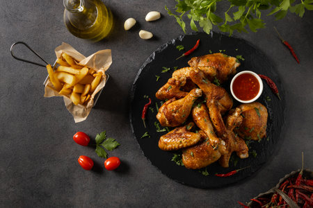 Mix of baked chicken pieces. Served with hot sauce or fries. Dark background.の写真素材