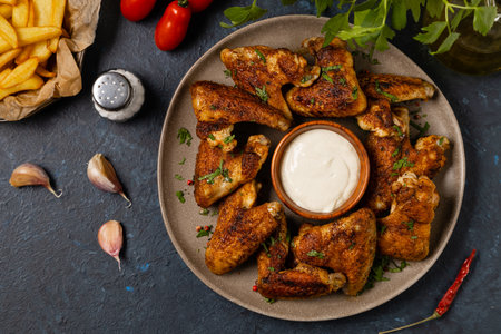 Baked chicken wings. Served with sauce or fries. Dark background.の写真素材