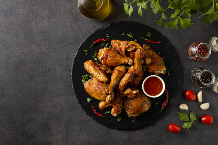Mix of baked chicken pieces. Served with hot sauce or fries. Dark background.の写真素材