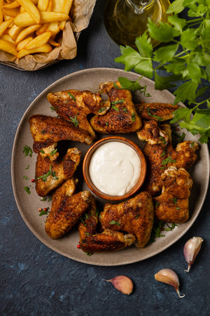 Baked chicken wings. Served with sauce or fries. Dark background.の写真素材
