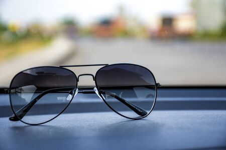 Beautiful Aviator Goggle on Car Deskの写真素材