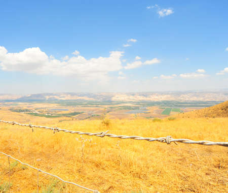 Barb Wire Fence in Front of Autumn Yellow Field の写真素材