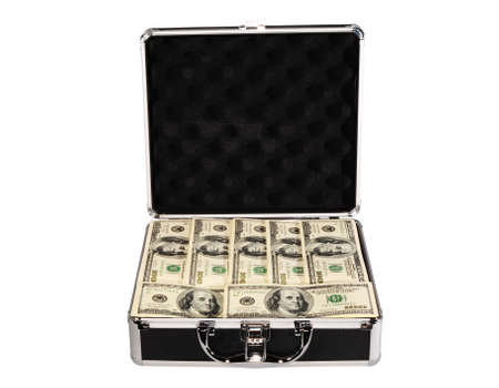 Metal Briefcase With One Hundred Dollar Bills On White Background