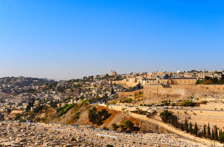 View from the Kidron Valley on the Walls of the Old City of Jerusalemの写真素材