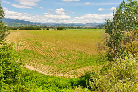 Medieval Italian Town Surrounded by Fields and Mountains の写真素材