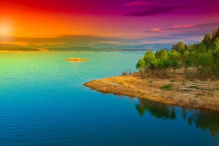 Sunset over a Mountain Lake in Spainの写真素材