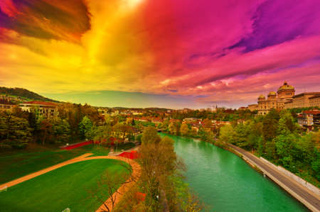Bird's Eye View of the City of Berne and River Aare, Sunset