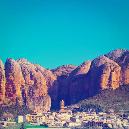 Spanish Medieval Village at the Foot of the Rocks in the Pyreneesの写真素材
