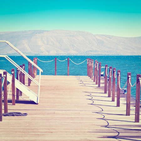Wooden Mooring Line on the Galilee Sea, Retro Effectの写真素材