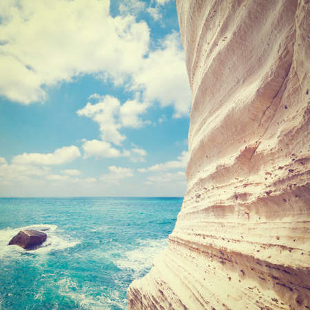 Rosh Hanikra Cliff near Israeli- Lebanese Border, Retro Effectの写真素材