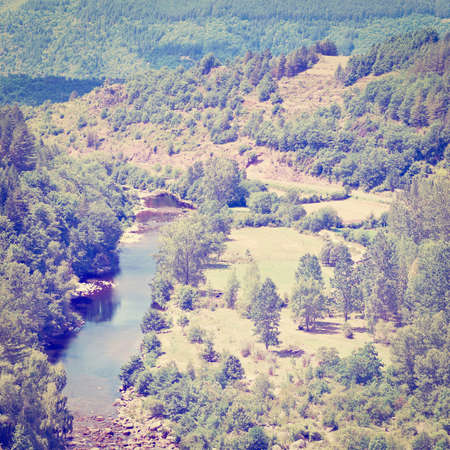  River at the Bottom of Canyon in the French Alps, Retro Effectの写真素材