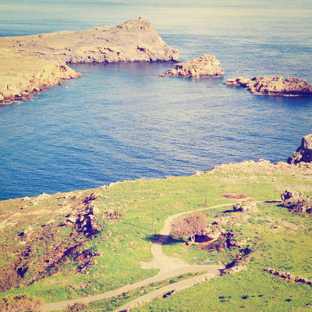 Seascape Greek Island of Rhodes with the Rugged Coast, Retro Effectの写真素材