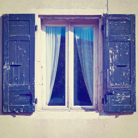 French Window with Open Wooden Shutter, Retro Effectの写真素材