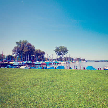 Tarpaulin Covers for Boats, the Lake Chiemsee in Bavaria, Retro Effectの写真素材