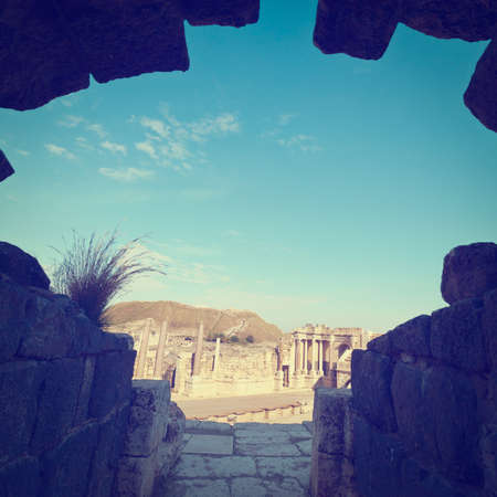 View through the Gap of Ruins of Ancient Bet Shean which Collapsed during Earthquakeの写真素材