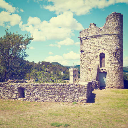 The Ruins of a Medieval Fortress in the French City of Viviersの写真素材