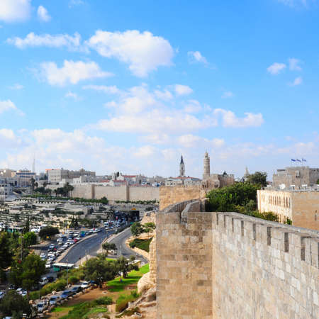 View from Top of Ancient Walls Surrounding Old City in Jerusalemのeditorial素材